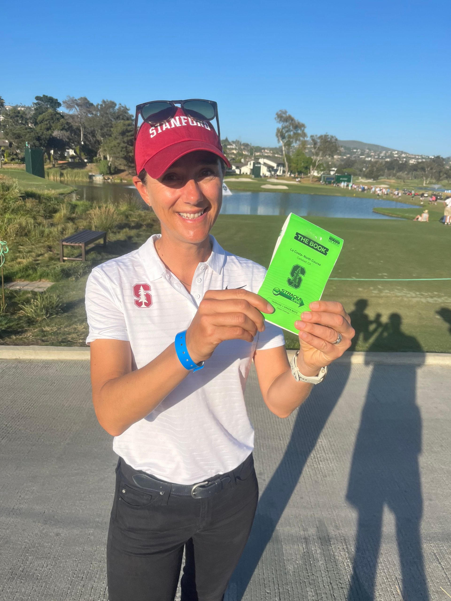 Stanford Golf coach with StrackaLine’s “The Book” at La Costa — NCAA Championships