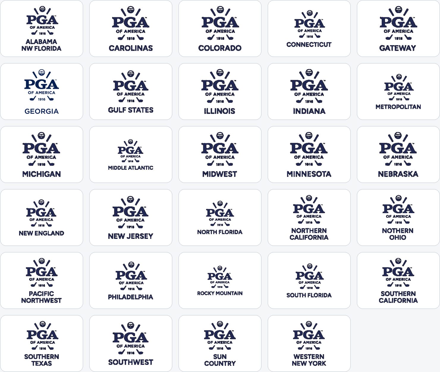 PGA of America Sections: PGA of America Alabama / NW Florida, PGA of America Carolinas, PGA of America Colorado, PGA of America Connecticut, PGA of America Gateway, PGA of America Georgia, PGA of America Gulf States, PGA of America Illinois, PGA of America Indiana, PGA of America Metropolitan, PGA of America Michigan, PGA of America Middle Atlantic, PGA of America Midwest, PGA of America Minnesota, PGA of America Nebraska, PGA of America New England, PGA of America New Jersey, PGA of America North Florida, PGA of America Northern California, PGA of America Northern Ohio, PGA of America Pacific Northwest, PGA of America Philadelphia, PGA of America Rocky Mountain, PGA of America South Florida, PGA of America Southern California, PGA of America Southern Texas, PGA of America Southwest, PGA of America Sun Country, PGA of America Western New York